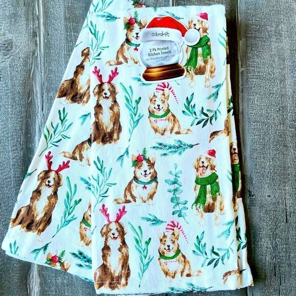 Christmas Dogs Lab Corgi Print Holiday Kitchen Dish Towels Set - Picture 1 of 2